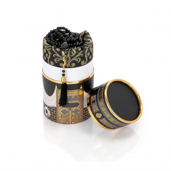 Preview: Gebetsteppich Schwarz-Gold mit Geschenkbox und Gebetskette – prachtvoll & edel 65 x 110 cm