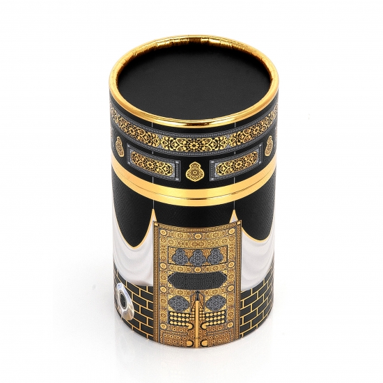 Preview: Gebetsteppich Schwarz-Gold mit Geschenkbox und Gebetskette – prachtvoll & edel 65 x 110 cm