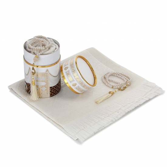 Preview: Gebetsteppich Taftstoff Weiß mit Geschenkbox und Gebetskette – stilvoll dekorativ 65 x 110 cm