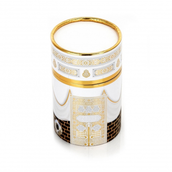 Preview: Gebetsteppich Taftstoff Weiß mit Geschenkbox und Gebetskette – stilvoll dekorativ 65 x 110 cm