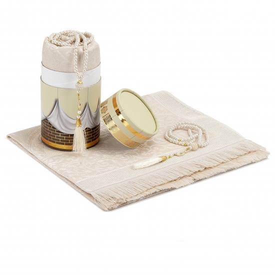 Preview: Teppich Gebetsteppich creme Taftstoff mit Geschenkbox und Gebetskette – leicht edel 65 x 110 cm