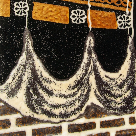 Preview: Gebetsteppich Schwarz Gold Beige mit Ornamentmotiv und Fransen