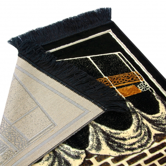 Gebetsteppich Schwarz Gold Beige mit Ornamentmotiv und Fransen