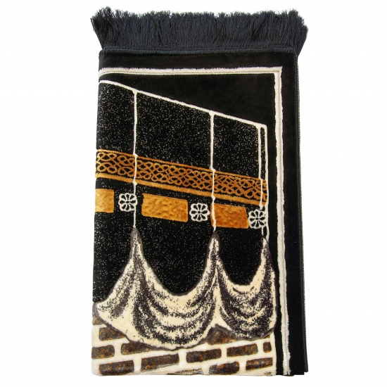 Gebetsteppich Schwarz Gold Beige mit Ornamentmotiv und Fransen
