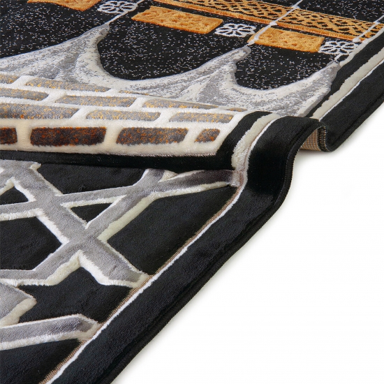 Gebetsteppich Schwarz Gold Beige mit Ornamentmotiv und Fransen