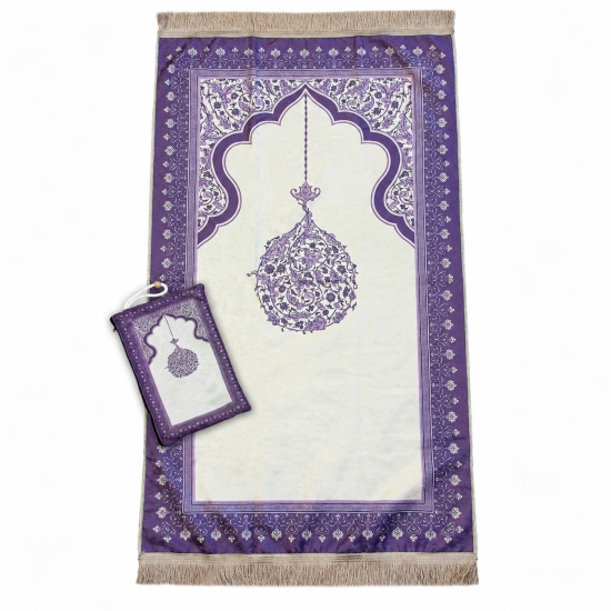 Preview: Gebetsteppich in Lila mit Ornamentmuster, Fransen und Tasche