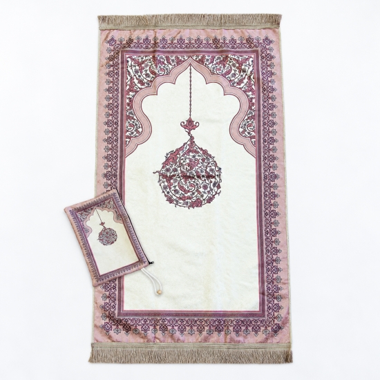 Preview: Gebetsteppich in Fuchsia mit Ornamentmuster, Fransen und Tasche