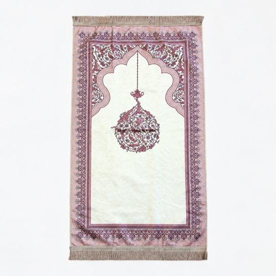 Preview: Gebetsteppich in Fuchsia mit Ornamentmuster, Fransen und Tasche