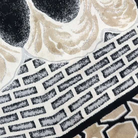 Preview: Gebetsteppich mit Kaaba-Motiv und geometrischem Muster in Schwarz-Beige