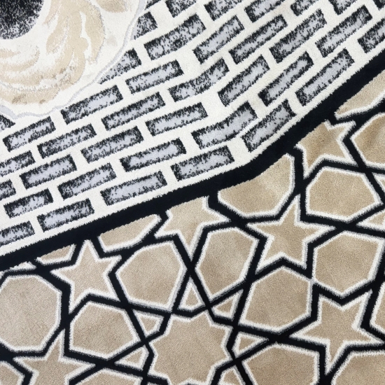 Preview: Gebetsteppich mit Kaaba-Motiv und geometrischem Muster in Schwarz-Beige