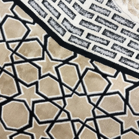 Preview: Gebetsteppich mit Kaaba-Motiv und geometrischem Muster in Schwarz-Beige
