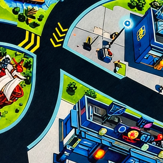 Preview: Waschbarer Kinderteppich mit grünem Drachen und Monsterstadt als Spielstraße