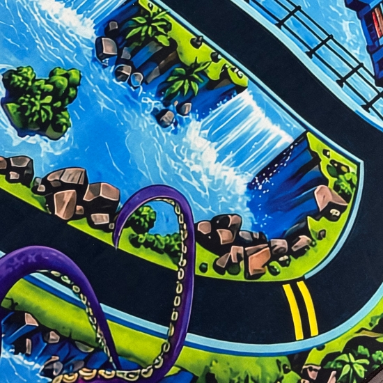 Preview: Waschbarer Kinderteppich mit grünem Drachen und Monsterstadt als Spielstraße
