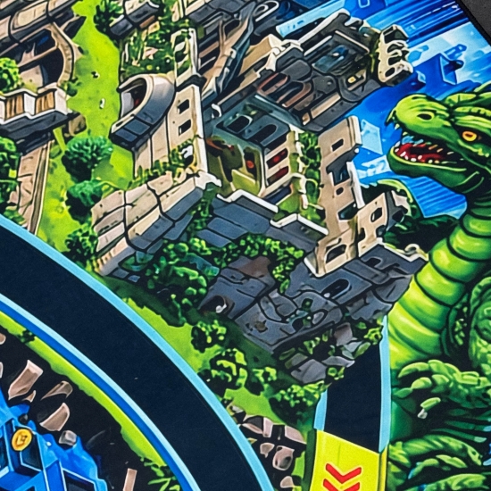 Preview: Waschbarer Kinderteppich mit grünem Drachen und Monsterstadt als Spielstraße