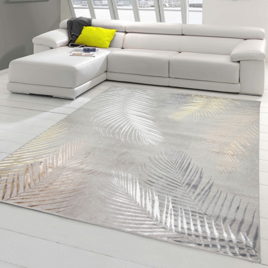 Designer Teppich mit Palmenzweigen in grau