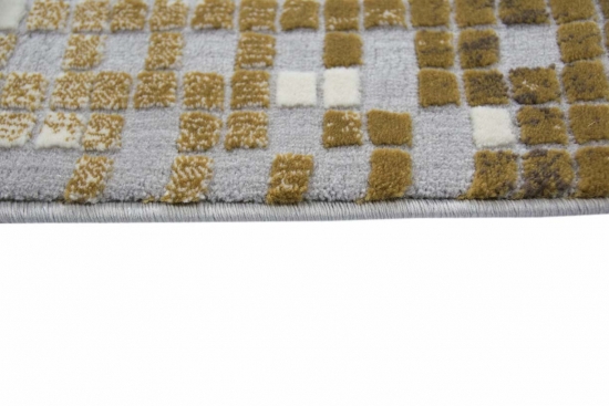 Designer Teppich - Läufer - Moderner Teppich Kurzflor Teppich mit Konturenschnitt Kariert in Grau Senfgelb Creme