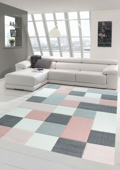 Designer und  Moderner Teppich mit Karo Muster in Rosa Grau Creme