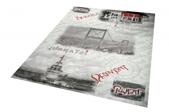 Preview: Designer Teppich Moderner Teppich Wohnzimmer Teppich Istanbul Motiv Grau Creme Rot Schwarz