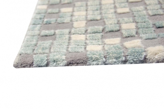 Designer Teppich Moderner Teppich Wohnzimmer Teppich Kurzflor Teppich mit Konturenschnitt Kariert in Grau Türkis Creme