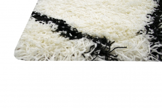 Shaggy Wohnzimmerteppich Hochflor Langflor Rautenmuster in Creme Schwarz