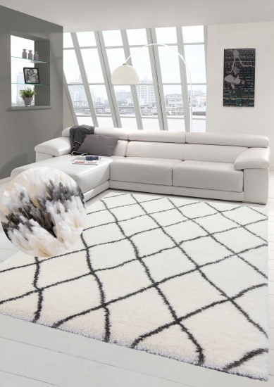 Teppich Shaggy Hochflor Teppich Langflor Rautenmuster in creme grau