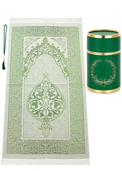 Gebetsteppich aus Taftstoff mit Geschenkbox und Tesbih – leicht, elegant, grün 65 x 110 cm