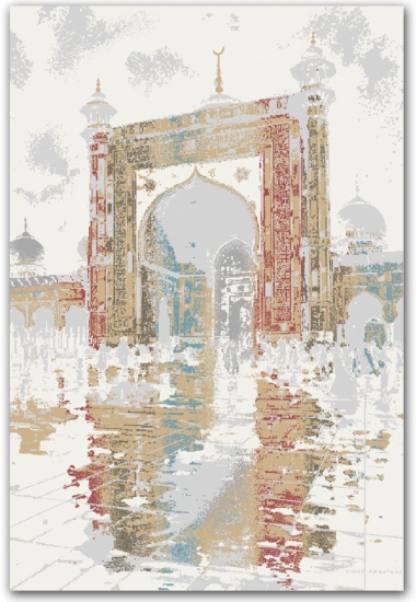 Gebetsteppich mit Moschee-Tor Motiv in hellen Creme- und Naturtönen