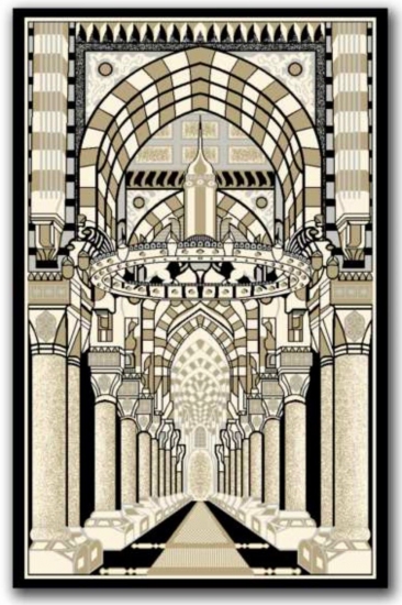 Gebetsteppich mit Moschee-Architektur Motiv in Schwarz, Beige und Creme