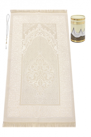 Teppich Gebetsteppich creme Taftstoff mit Geschenkbox und Gebetskette – leicht edel 65 x 110 cm
