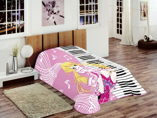 Decke Kinderdecke Spieldecke Kuscheldecke Wohndecke Prinzessin mit Piano Design Rosa Pink Gelb Weiß Bunt