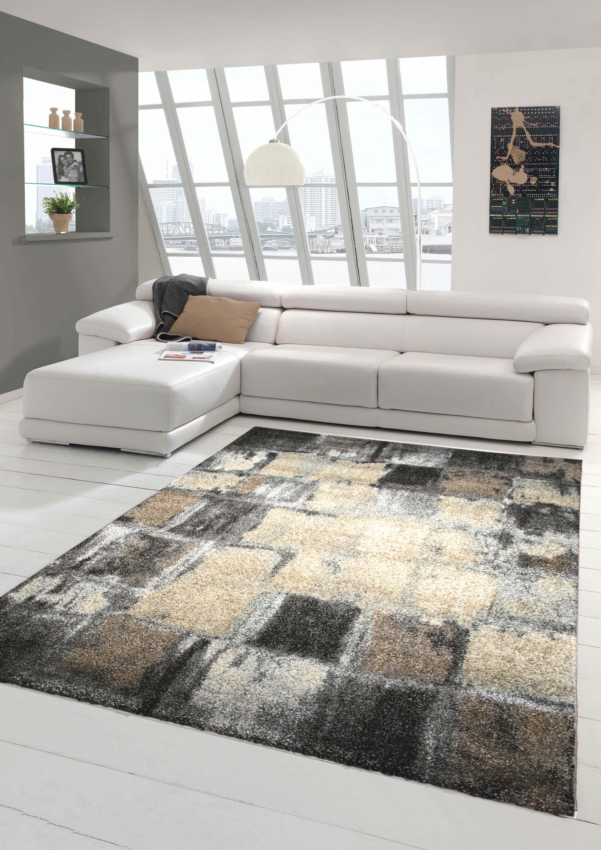Teppich Wohnzimmer Moderner Kurzflorteppich Braun Beige 