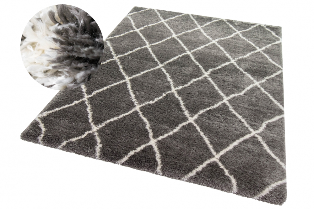 Teppich Shaggy Langflor Hochflor Teppich Rautenmuster in grau creme