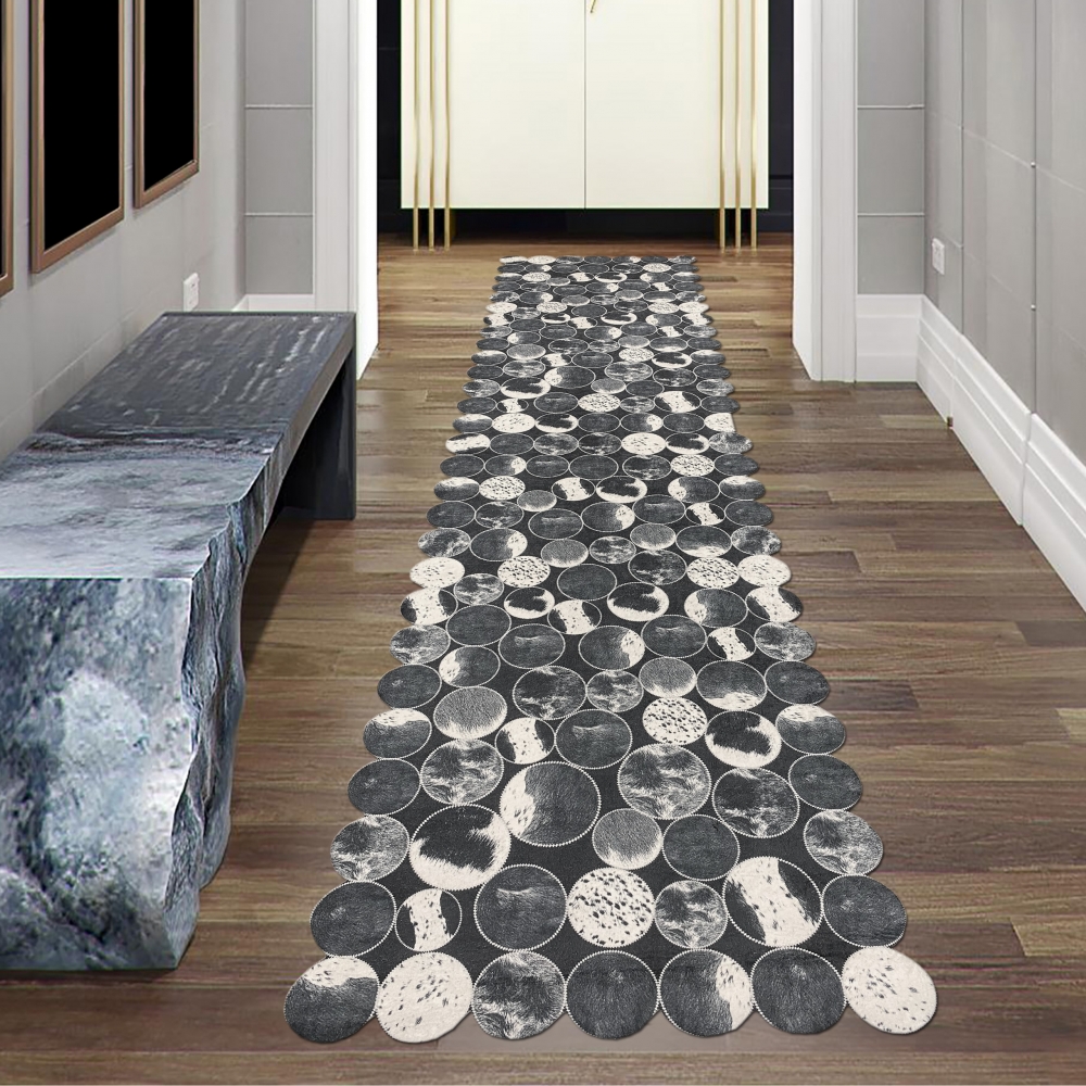 Kuhfell Teppich - Läufer 80x300 cm - Patchwork in Schwarz Grau Weiß