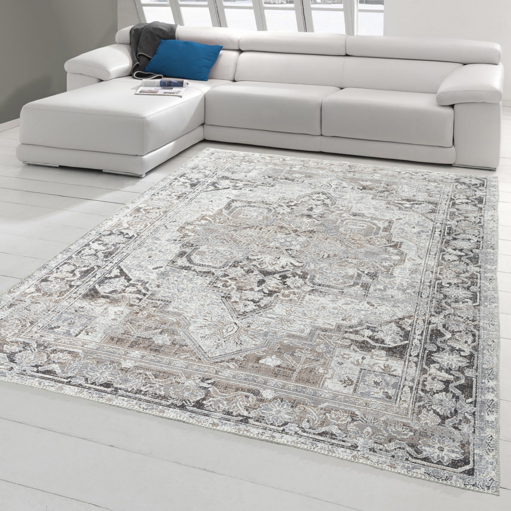 Klassischer Teppich mit orientalischen Verzierungen & Ornamenten in creme grau
