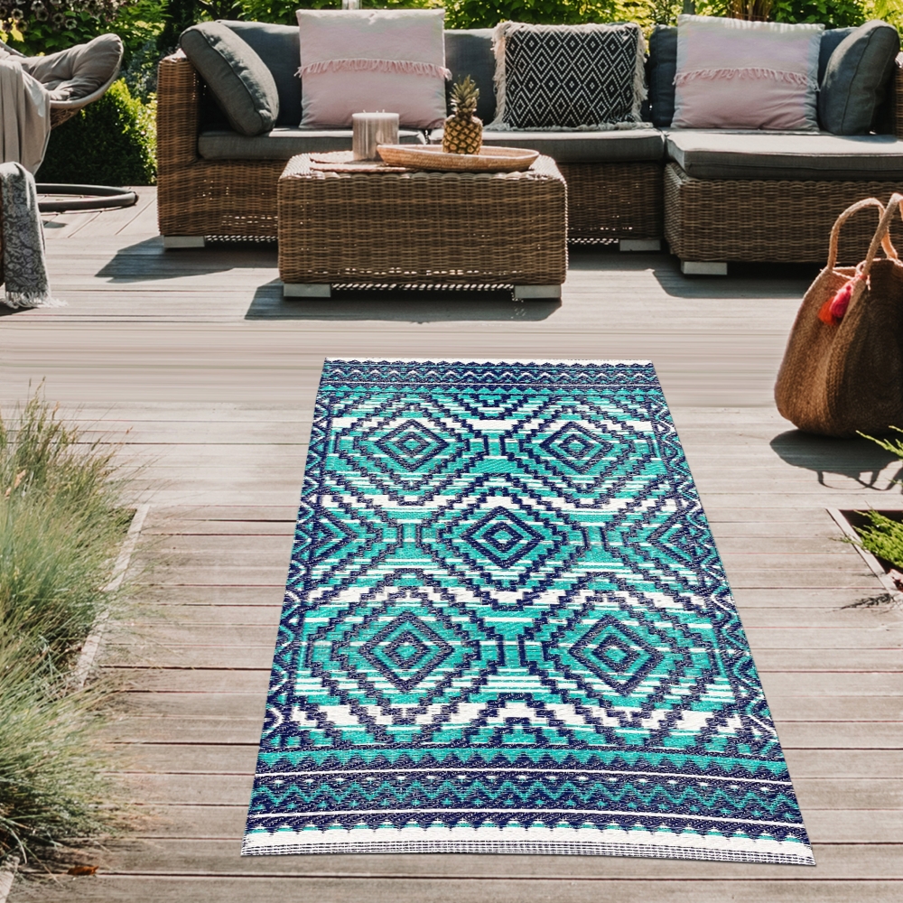 Strapazierfähiger Azteken-Teppich für Outdoor in türkis blau