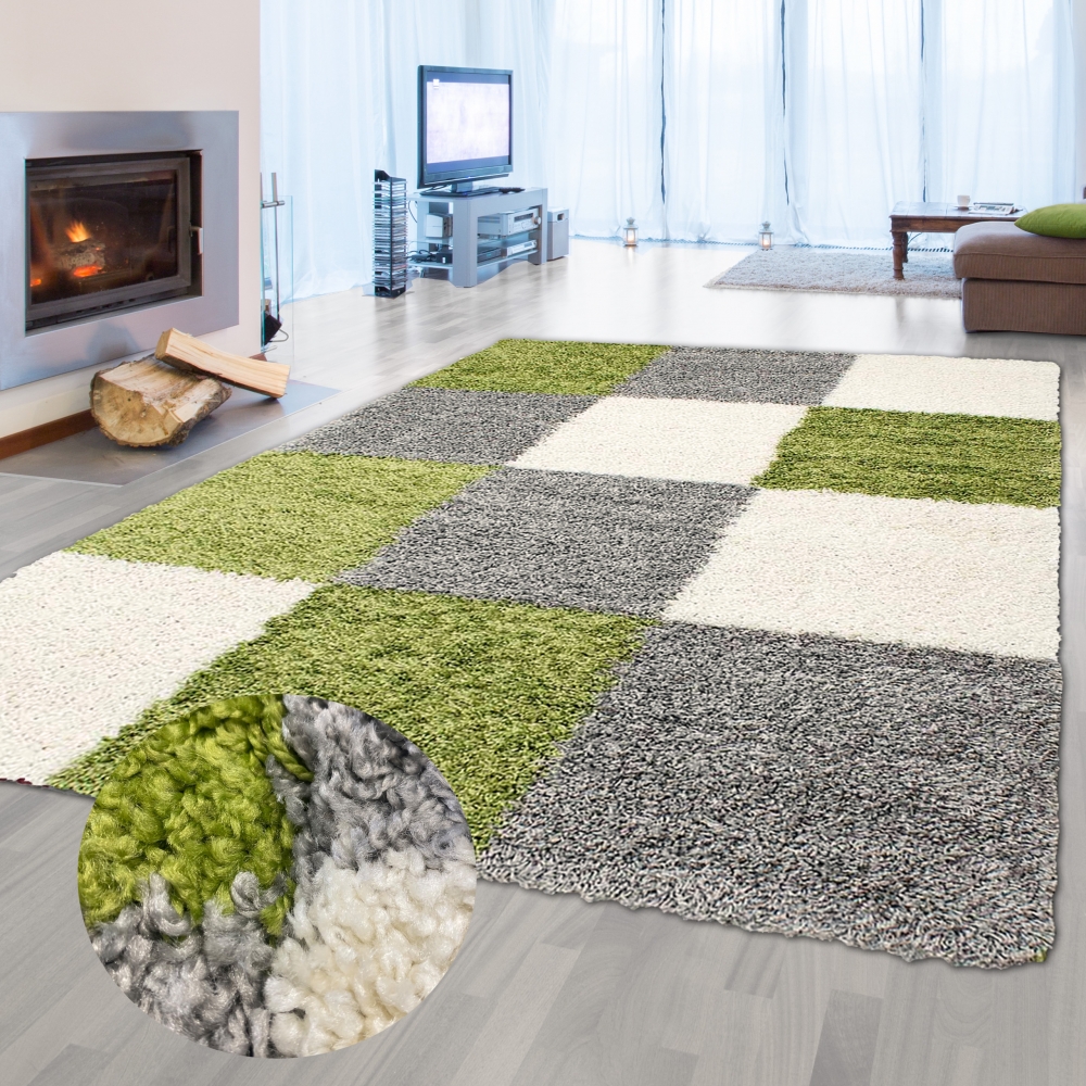 Shaggy Teppich Hochflor Langflor Teppich Wohnzimmer Teppich Gemustert in Karo Design Grün Grau Creme