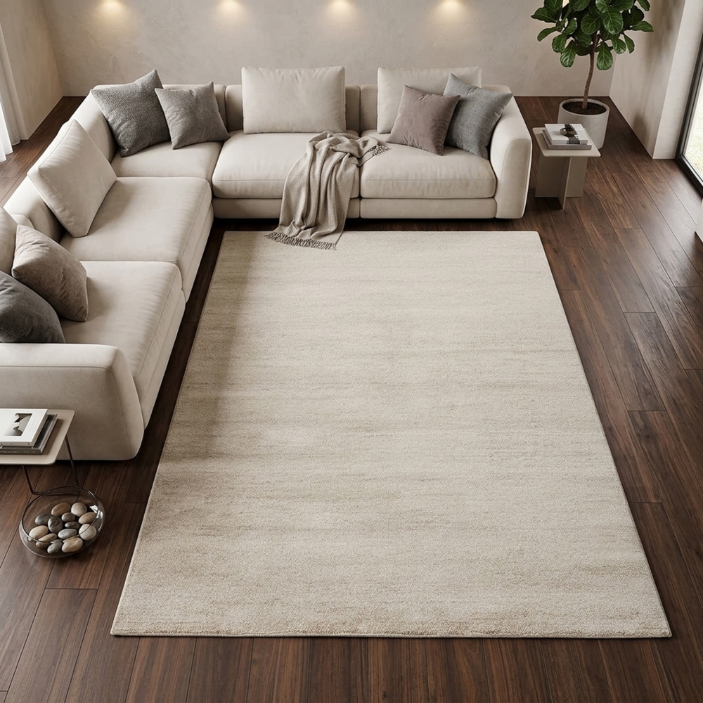 Moderner Kurzflor Teppich in Creme mit weicher Wolloptik fürs Wohnen