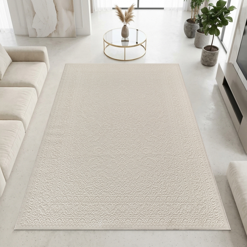 Recycling Teppich Creme Ornament Design wohnlich Wohnzimmer