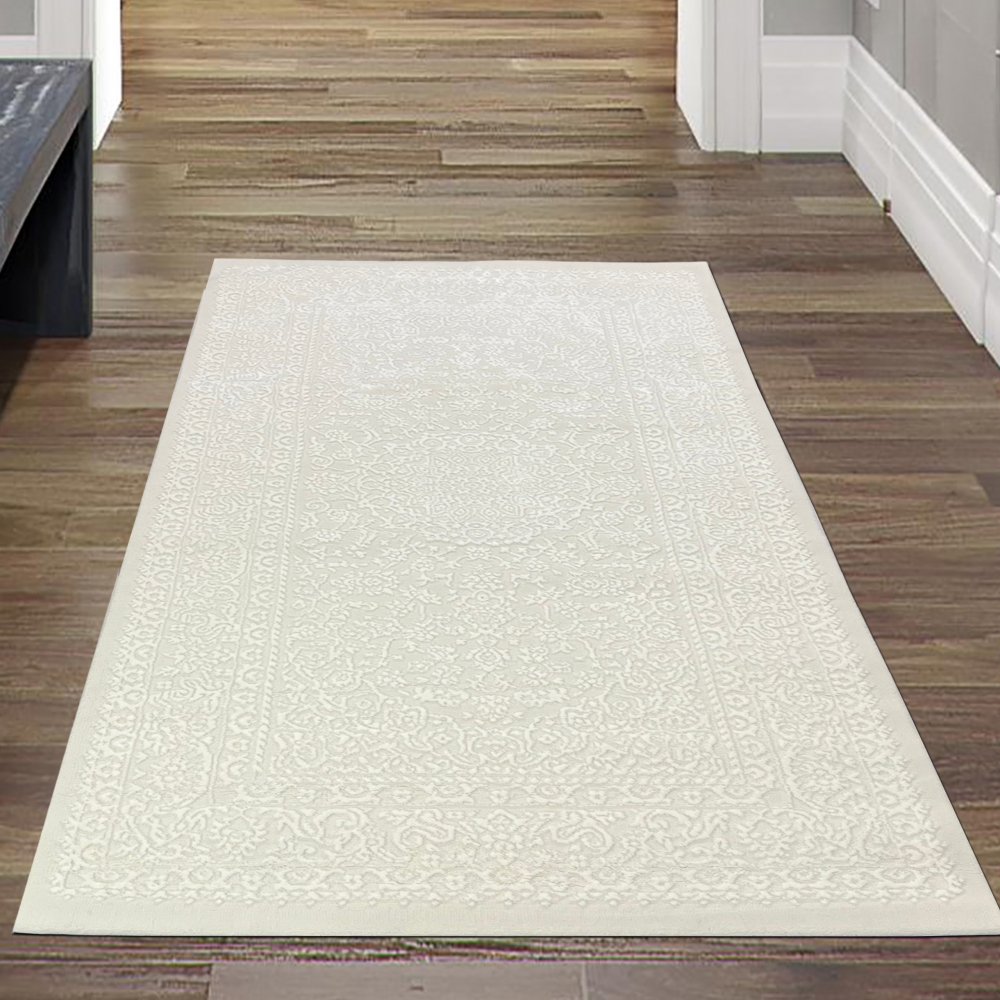 Eleganter Recycel Teppich mit Ornamentmuster zeitloses Design luxuriöse Optik pflegeleicht in Creme