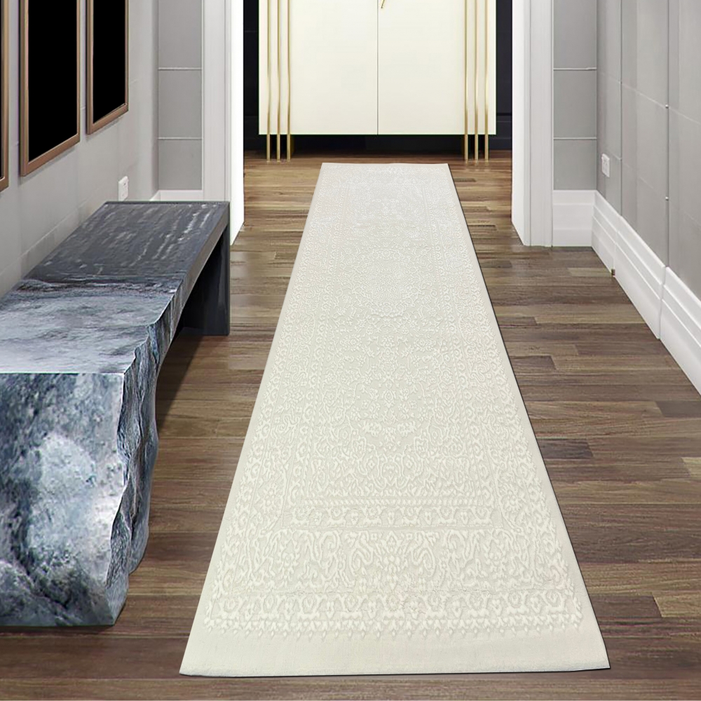 Eleganter Recycel Teppich mit Ornamentmuster zeitloses Design luxuriöse Optik pflegeleicht in Creme