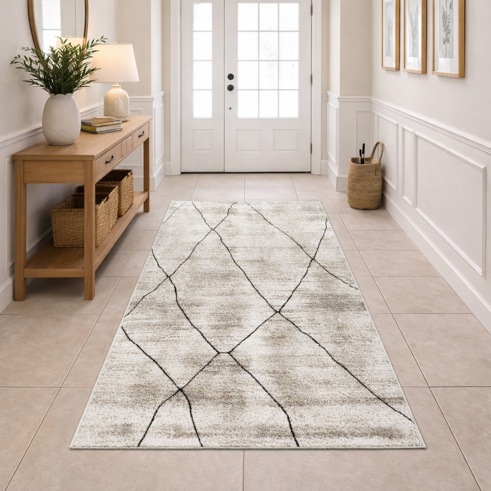 Moderner Teppich Beige Creme Linienmuster weich Wohnzimmer stilvoll