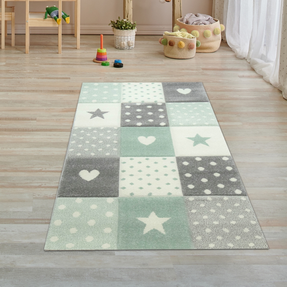 Kinderzimmer Teppich Spielteppich Herz Stern Punkte Design grün grau creme