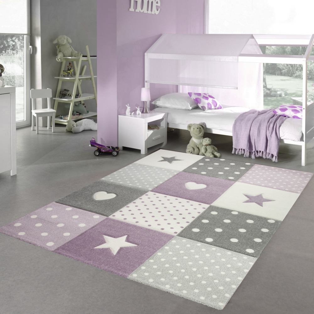 Kinderzimmer Teppich Spiel & Baby Teppich Herz Stern Punkte Design in lila grau creme