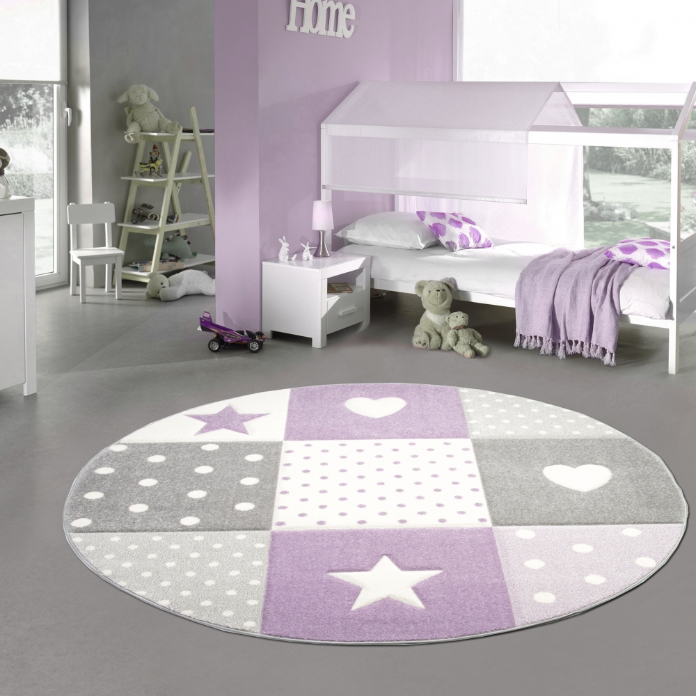 Kinderzimmer Teppich Spiel & Baby Teppich Herz Stern Punkte Design in lila grau creme