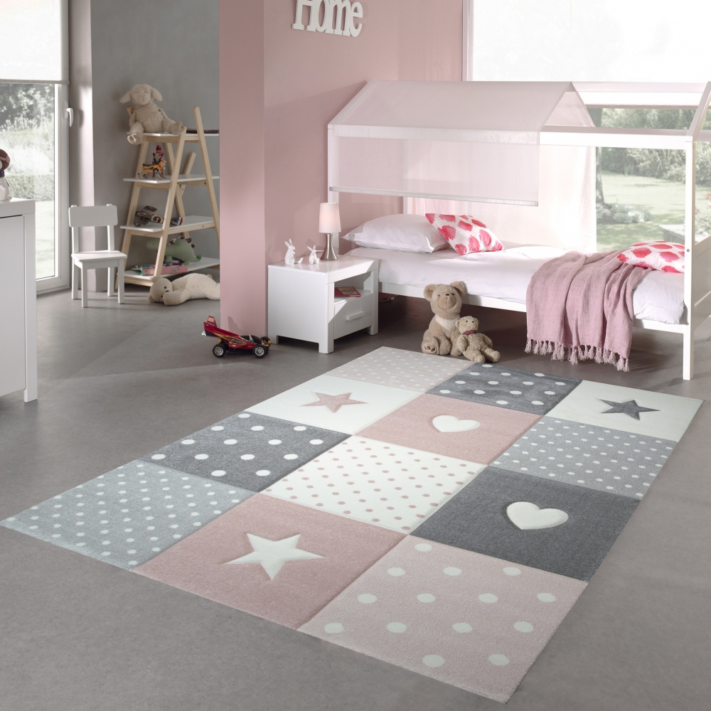 Kinderzimmer Teppich Spiel & Baby Teppich Herz Stern Punkte Design in rosa weiß grau