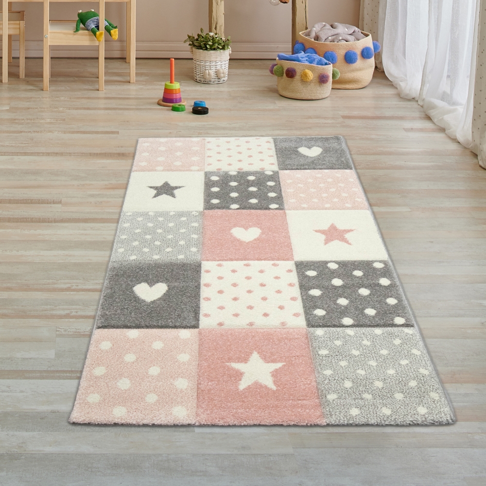 Kinderzimmer Teppich Spiel & Baby Teppich Herz Stern Punkte Design in rosa weiß grau