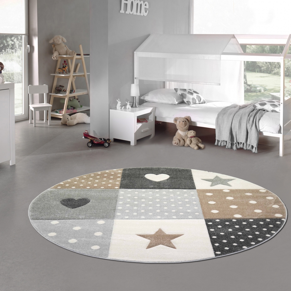Kinderzimmer Teppich Spielteppich Herz Stern Punkte Design braun beige grau