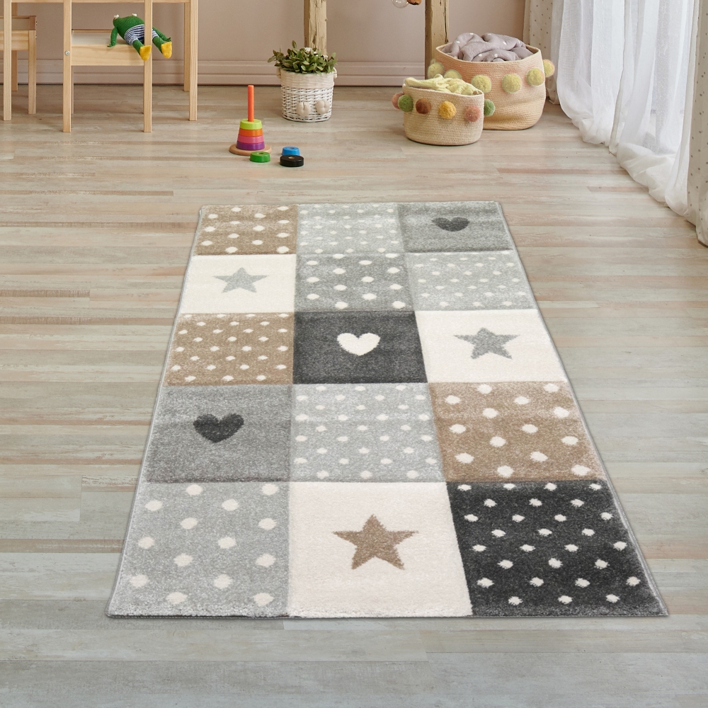 Kinderzimmer Teppich Spielteppich Herz Stern Punkte Design braun beige grau