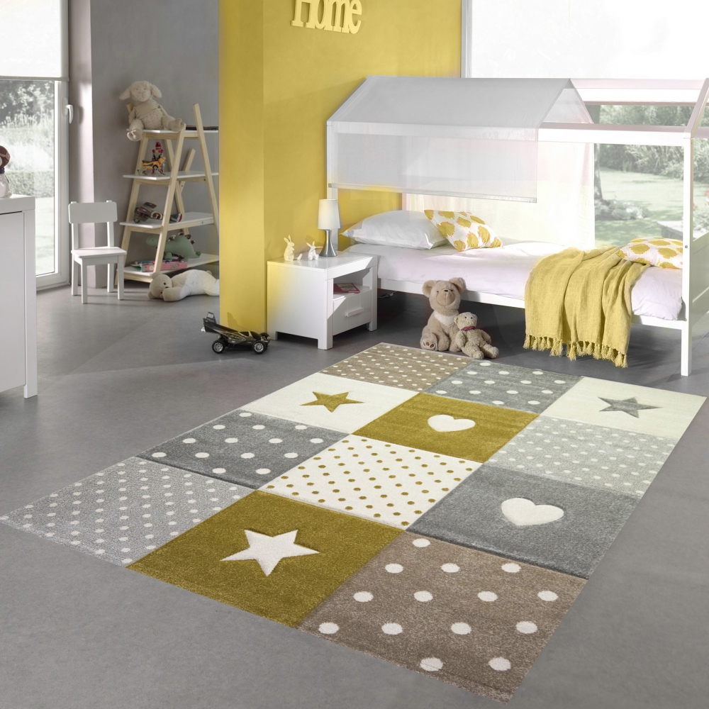 Kinderzimmer Teppich Spiel & Baby Teppich Herz Stern Punkte Design in gold creme weiß grau