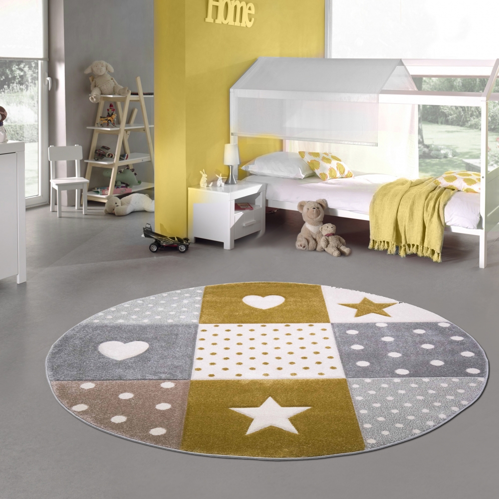 Kinderzimmer Teppich Spiel & Baby Teppich Herz Stern Punkte Design in gold creme weiß grau